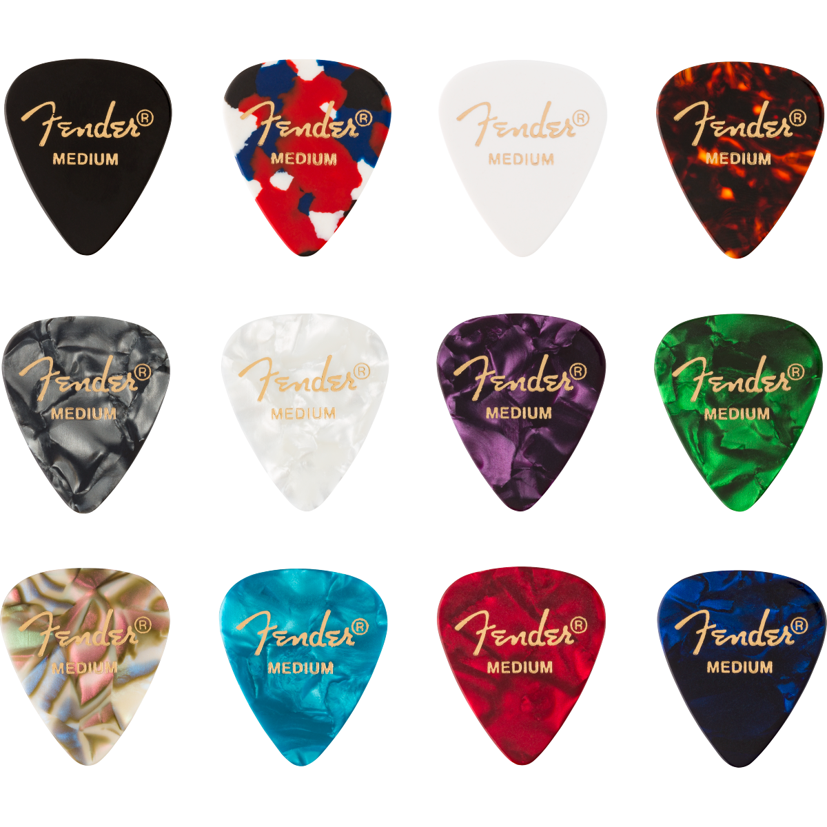 Fender 351 Shape Celluloid Medley Picks, (12) Pick Pack, Medium, Mixed Colours