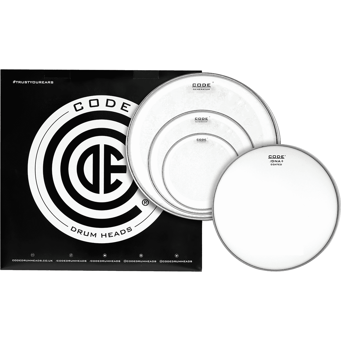 CODE Drumheads TPGENCTDR Generator Batter Drum Head Rock Pack | 10”, 12”, 16” Clear Tom Drum Heads and 14” DNA Coated Snare Drum Head