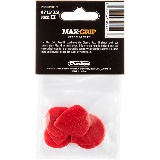 Nylon Jazz 3 Max Grip Guitar Picks by Dunlop | Bag of 6