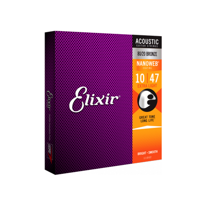 Nanoweb 80/20 Bronze 10 - 47 Acoustic Guitar Strings | Extra Light | By Elixir