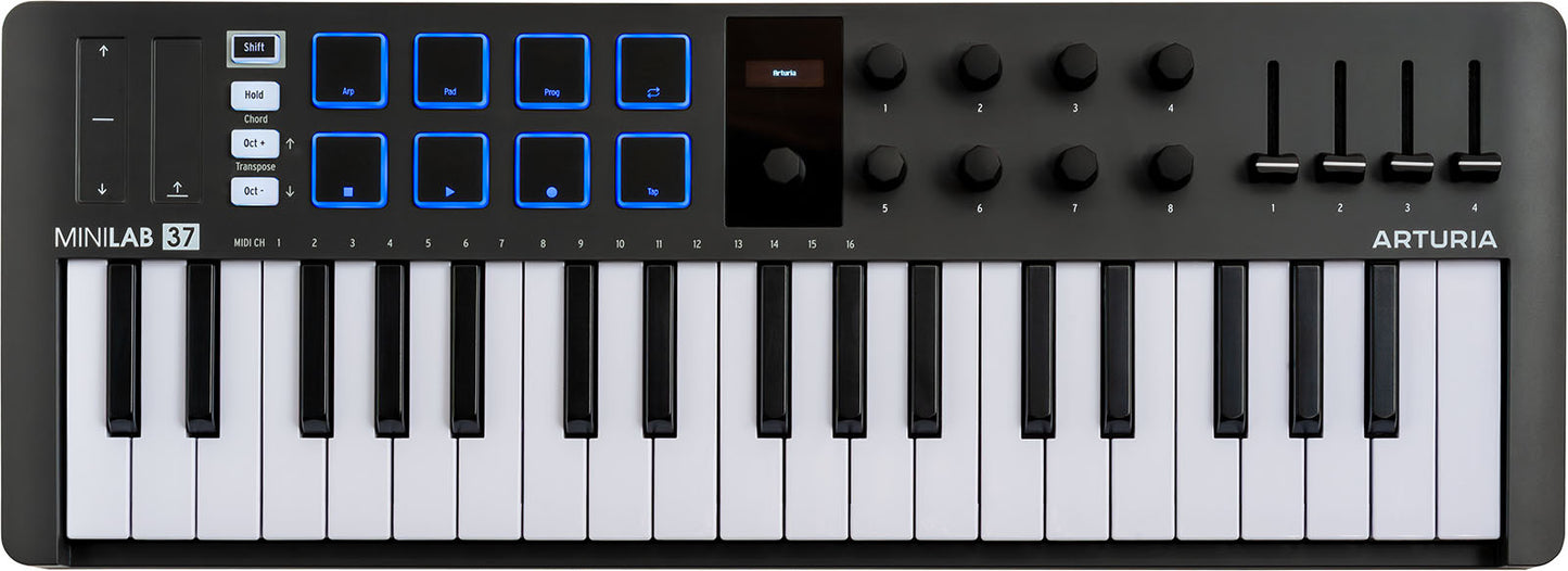 Arturia MiniLab 3 Black | Ελεγκτής MIDI USB-C με Πληκτρολόγιο 37 Πλήκτρων και 8 Encoders | 8 Pads RGB Ευαίσθητα σε Ταχύτητα/Πίεση | 4 Sliders | Περιλαμβάνεται Λογισμικό