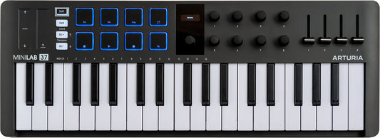 Arturia MiniLab 3 Черен | 37-клавишна USB-C MIDI клавиатура контролер с 8 енкодера | 8 чувствителни на скорост/натиск RGB подсвети падове | 4 плъзгача | Включен софтуер