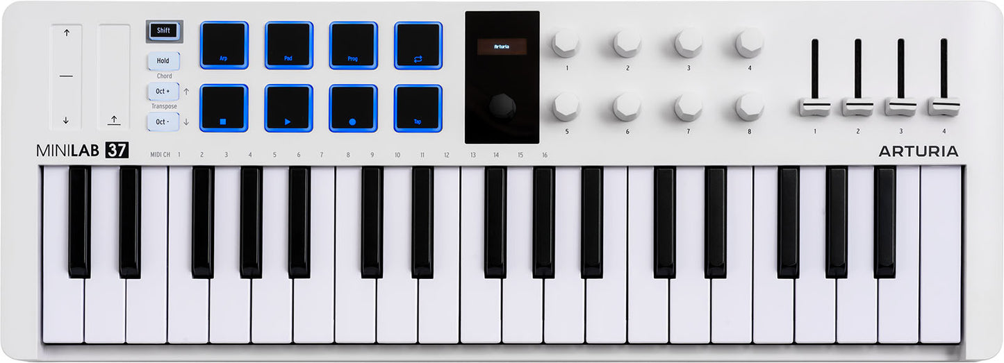 Arturia MiniLab 3 | 37-клавишна USB-C MIDI клавиатура с 8 енкодера | 8 чувствителни на натиск RGB подсветими пада | 4 фейдъра | Включен софтуер