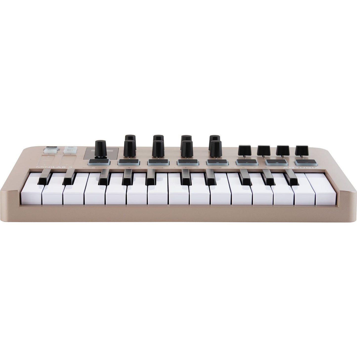 Arturia MiniLab 3 Champagne | 25-note USB-C MIDI Keyboard Controller with 8 Encoders | 8 Velocity/Pressure Sensitive RGB-backlit Pads | 4 Sliders | Software Included