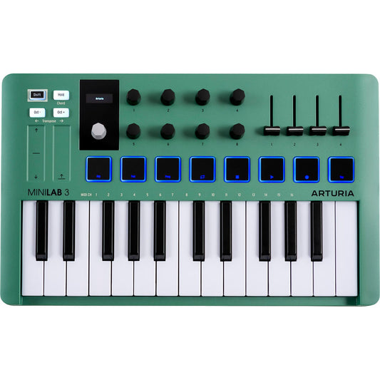 Arturia MiniLab 3 Green | 25-note USB-C MIDI Keyboard Controller with 8 Encoders | 8 Velocity/Pressure Sensitive RGB-backlit Pads | 4 Sliders | Software Included