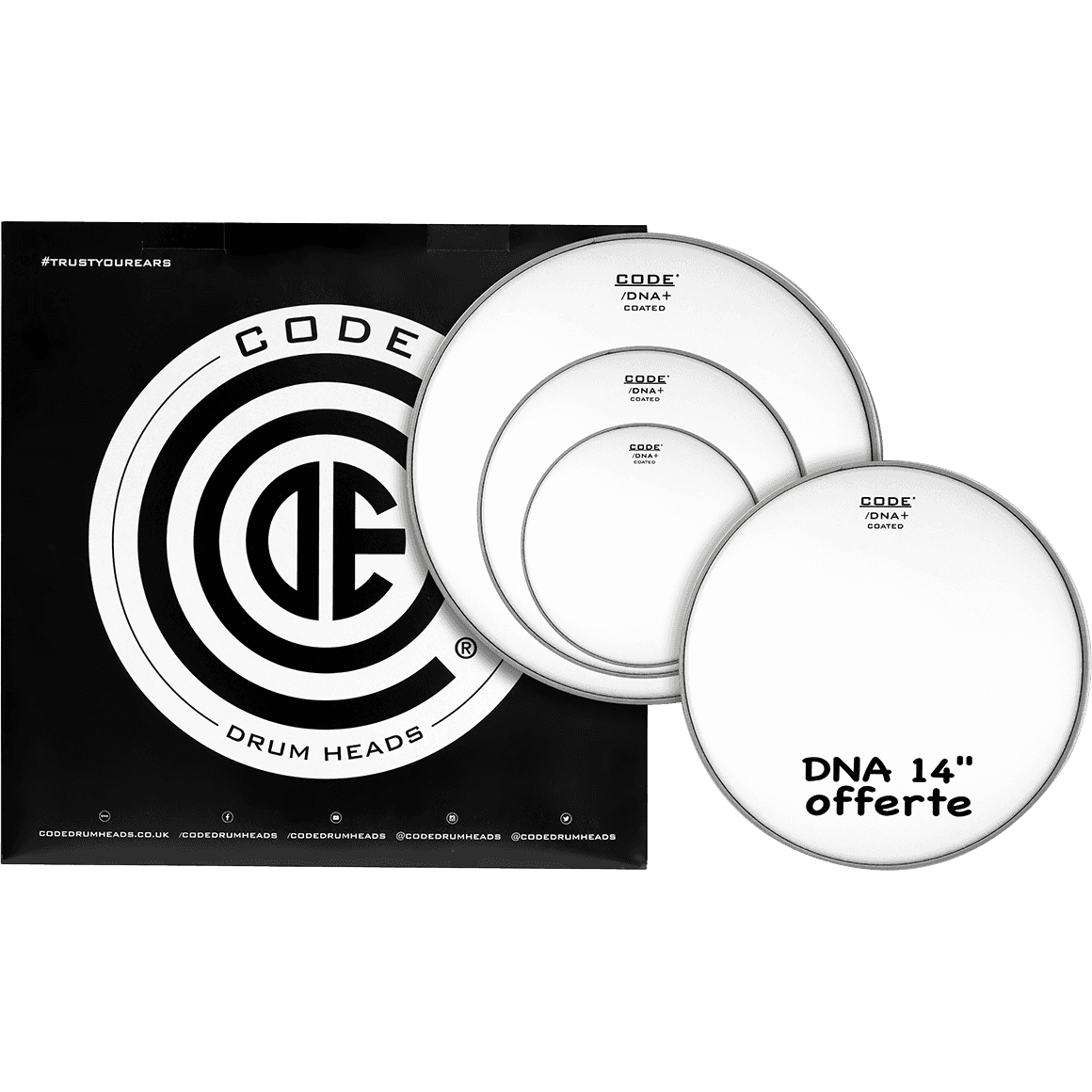 CODE DRUMHEADS DNA Rock Pack Coated Drum Heads  10", 12", 16" Coated Tom Heads + 14" Coated Snare Head