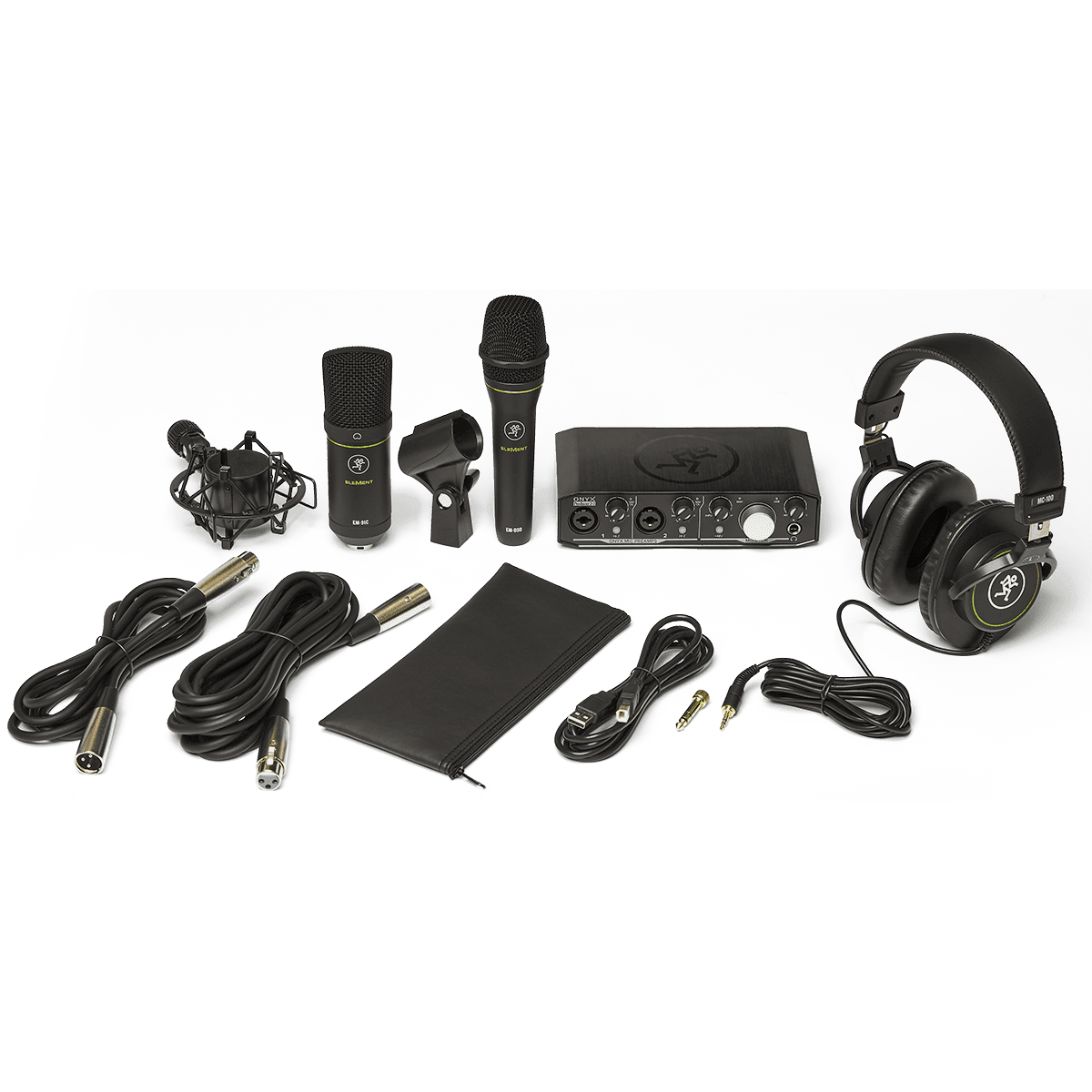 Mackie Producer Bundle including Onyx Producer 2.2 USB Interface, EM-91C Condenser Microphone, EM-89D Dynamic Microphone, MC-100 Headphones, and Essential Accessories