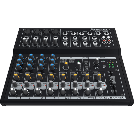 Mackie Mix12FX 12-channel Compact Mixer with Effects  | 12-input Desktop Mixer with 4 Microphone Preamplifiers | 4 Stereo Channels | 3-band Equalizers | 1 Aux | Tape I/O | Separate Volume and Headphone Levels | SMK MIX12FX