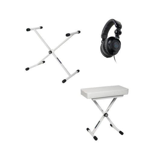 Key Bundle White by QuikLok | Keyboard Stand | Keyboard Bench | Monitoring Headphones