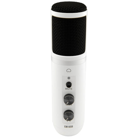 Mackie EM-USB Arctic White USB Condenser Microphone | Limited Edition | USB Microphone with Gain, Mute, and Headphone Volume Controls | Tabletop Tripod | Microphone Clip | Including Recording Software